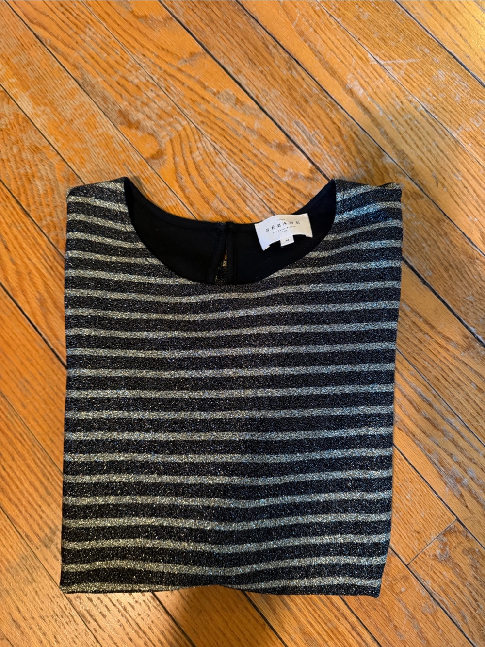 Sezane Black and silver metallic Striped Short Sleeve Top